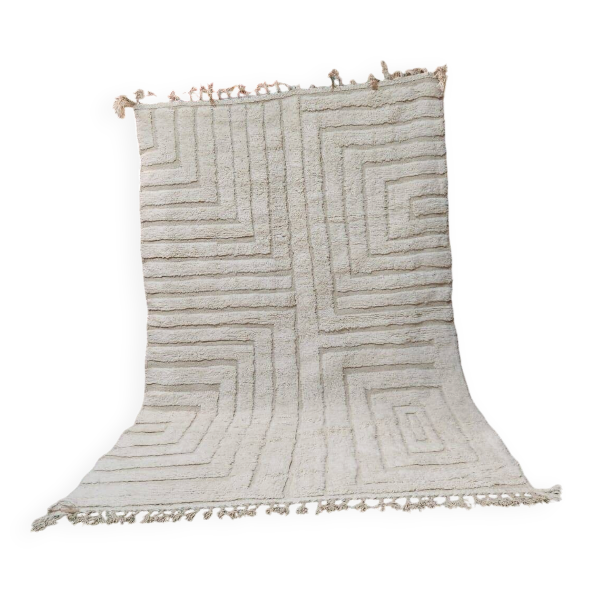 Large Moroccan Berber rug in cream wool with graphic patterns 300 x 200 cm.
