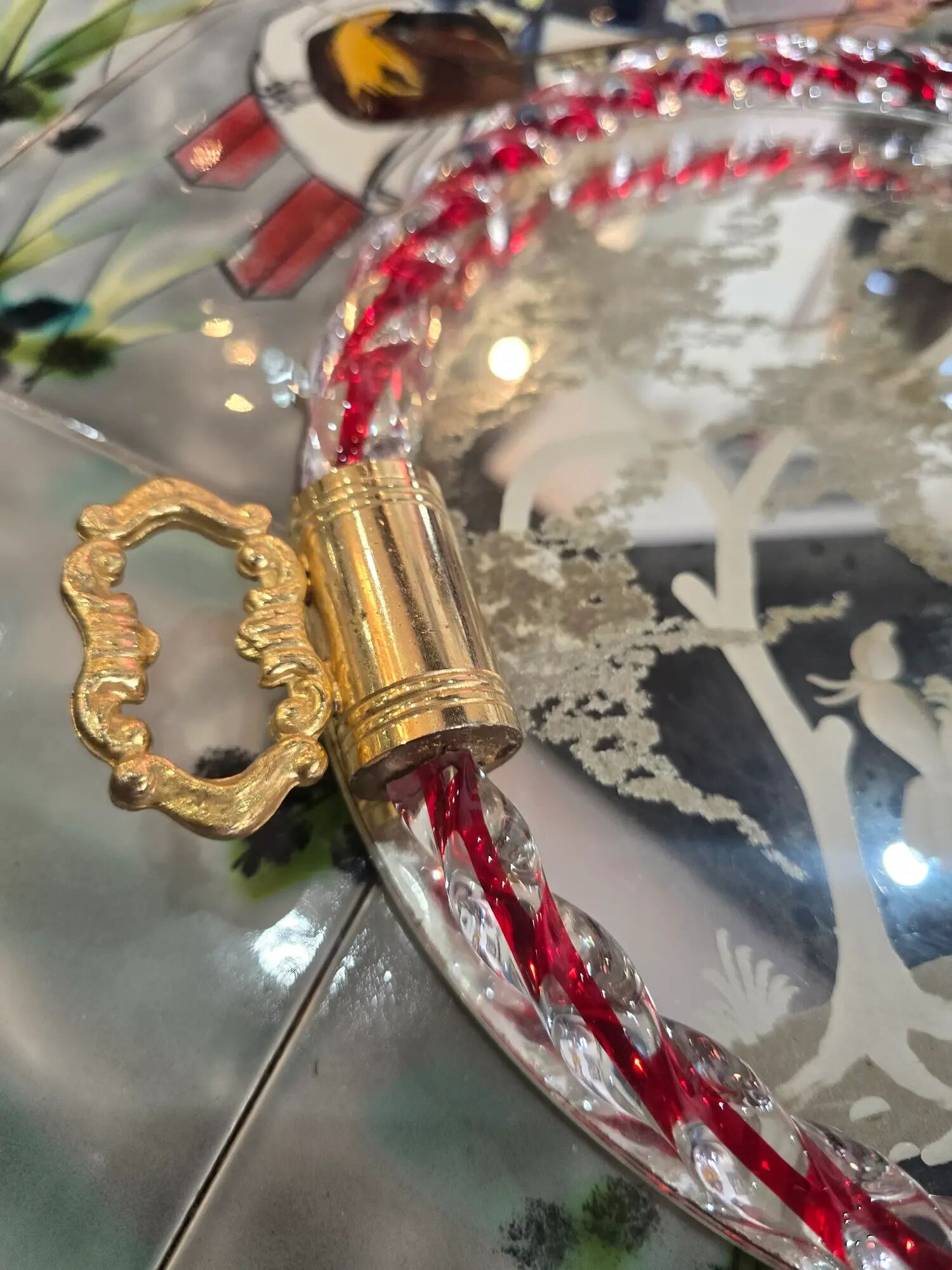 Engraved mirror plateau with twisted red and white glass border, Murano / Venice (c. 1940–1950)