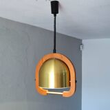 Lustre à hauteur réglable en laiton et en chêne du milieu du siècle dernier 70s