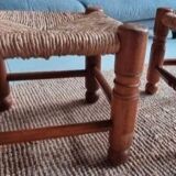 4 chairs and stools, brutalist art, straw and wood