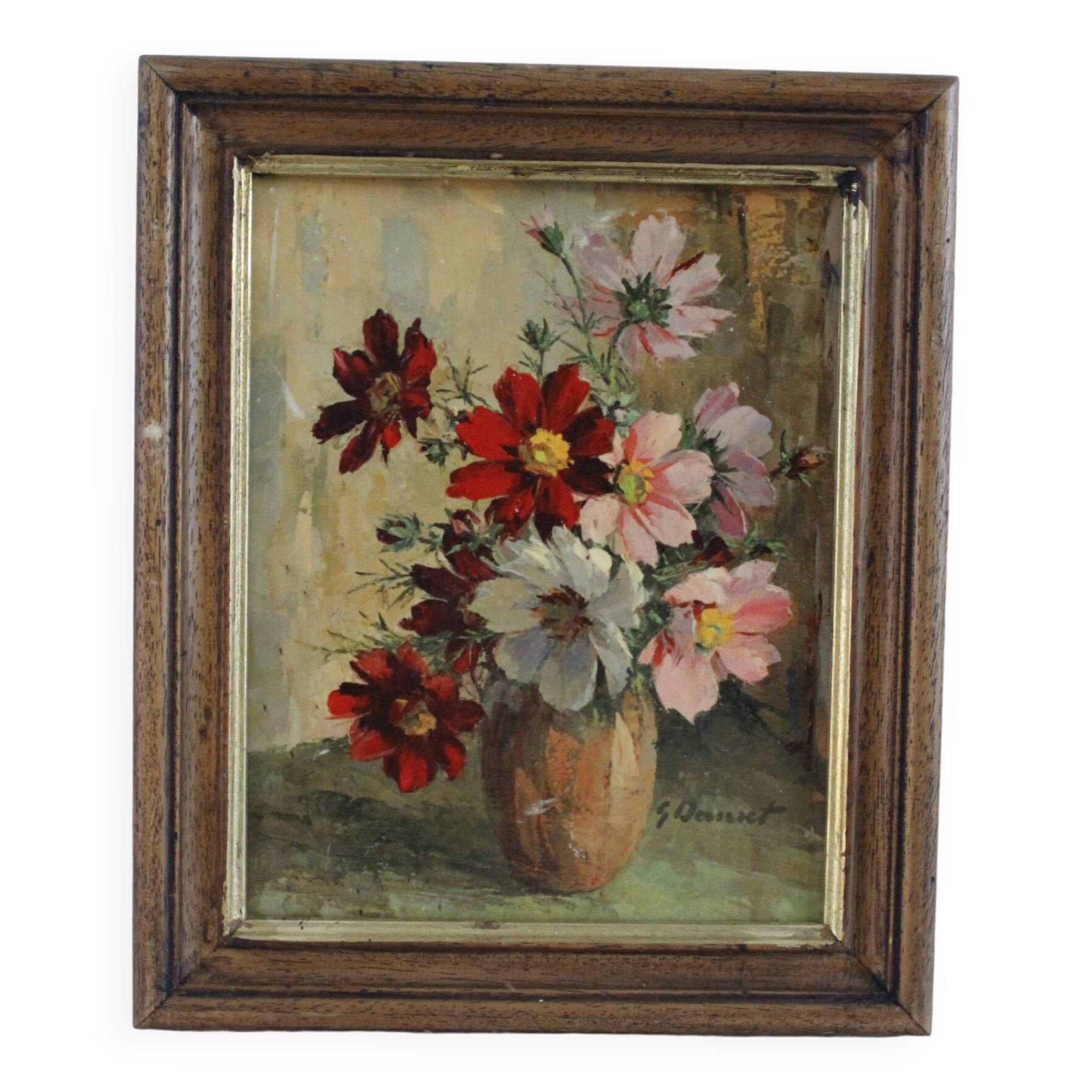 Oil on cardboard signed - still life, bouquet of cosmos