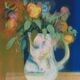 Paul Collomb: Bouquet on a blue background, signed original lithograph.