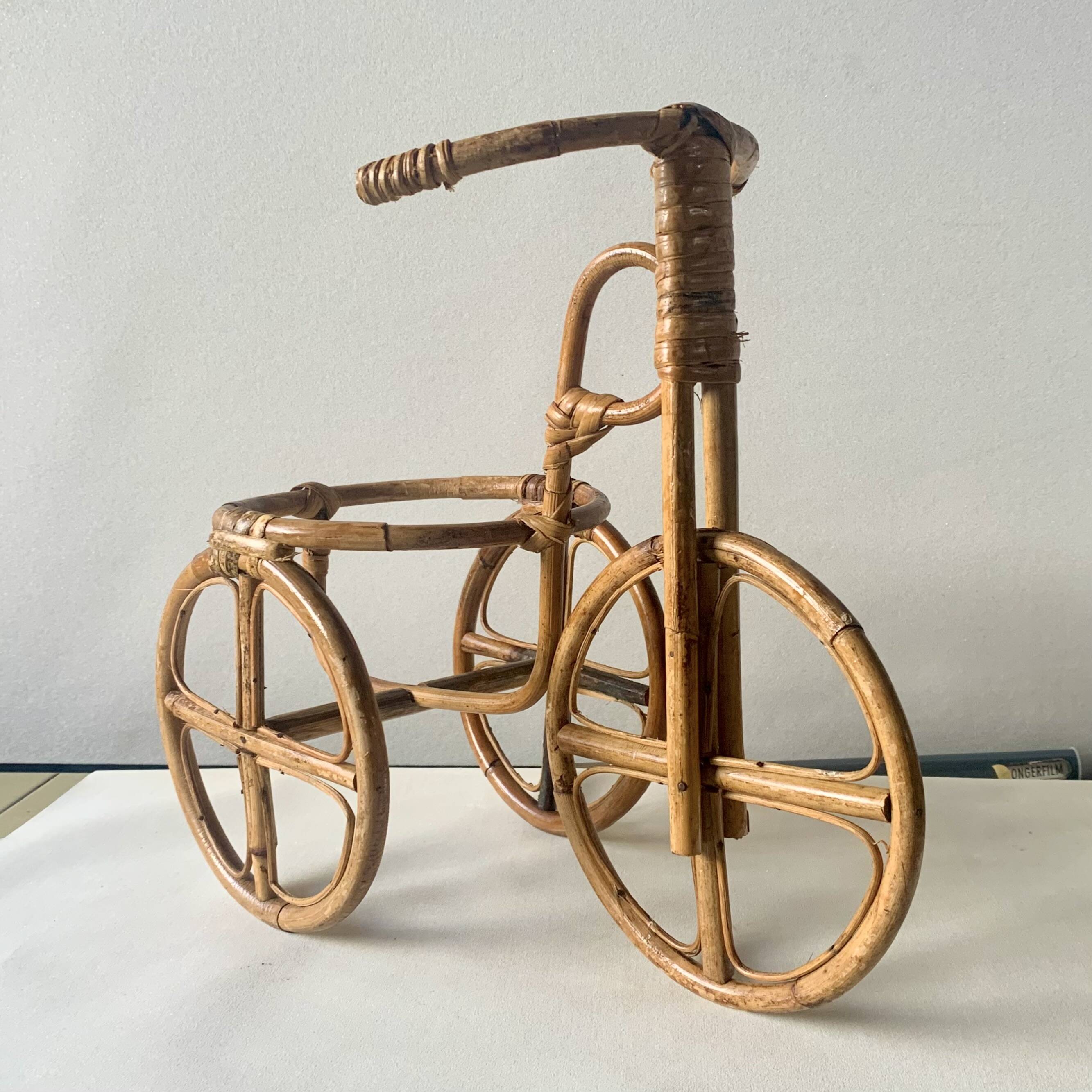 Vintage plant holder tricycle in bamboo and rattan