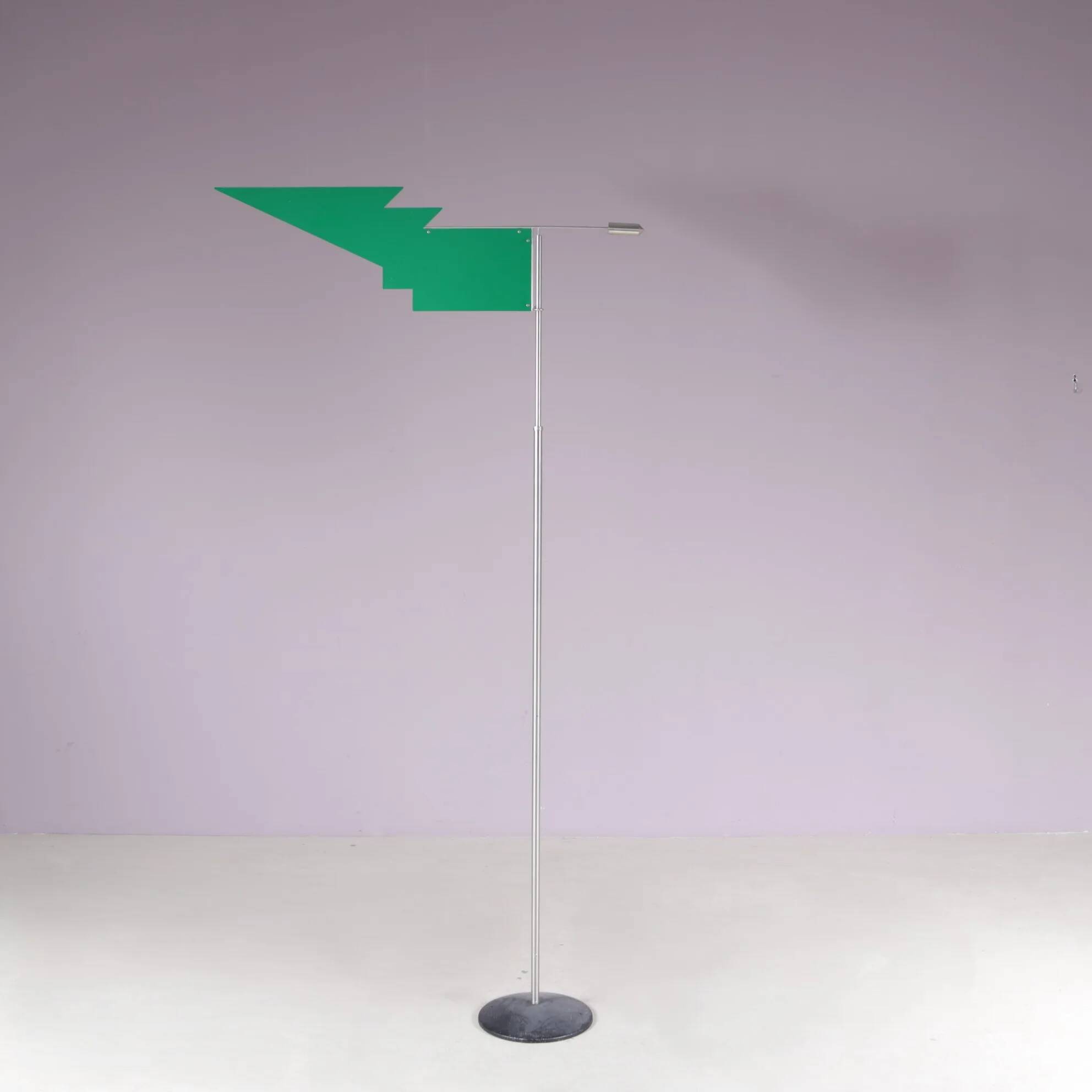 2000s wind sculpture/weathervane by Afra Scarpa and Tobia Scarpa, telescopic pole and stainless steel counterweight, green metal windvane for Dimensione Disegno