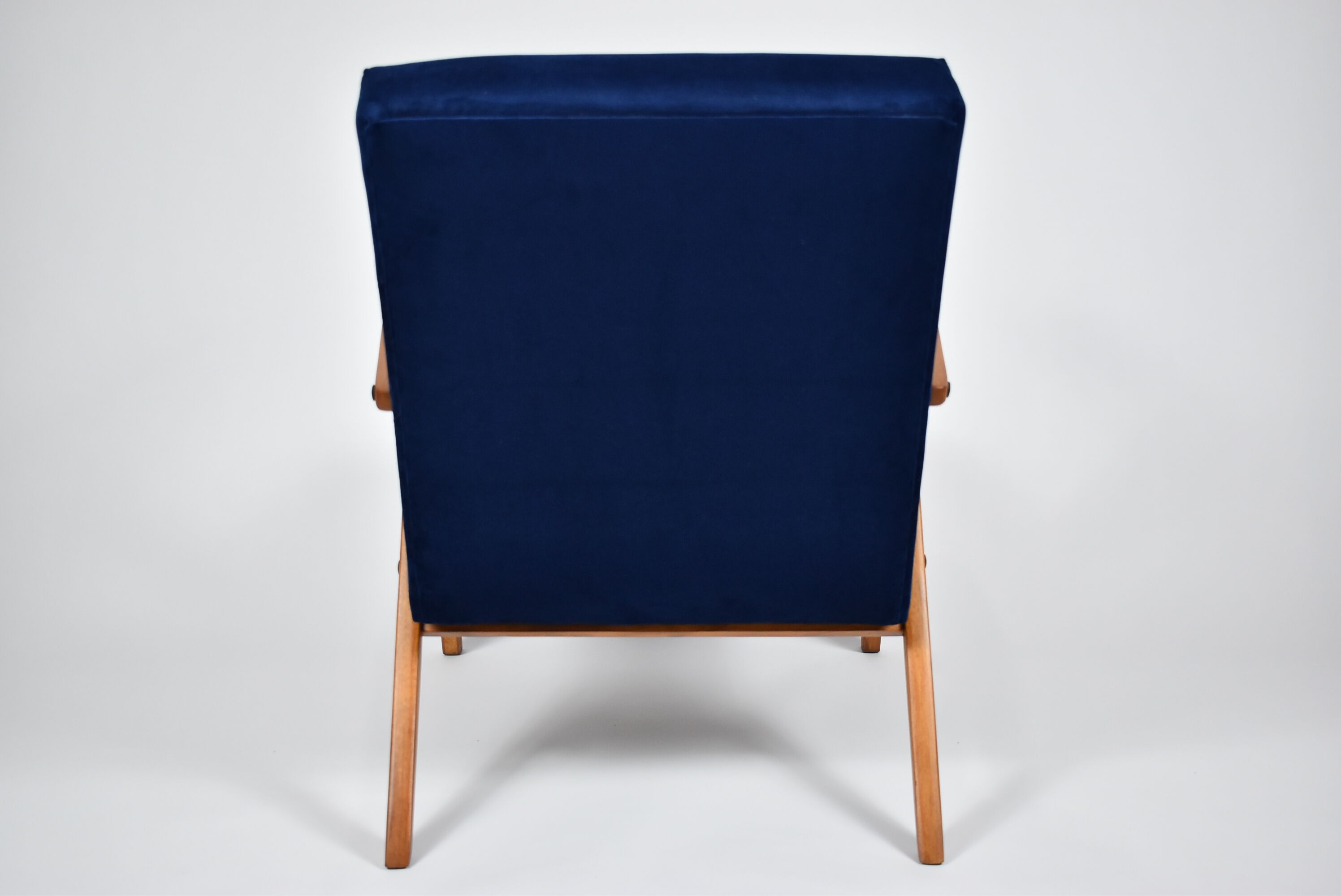 Vintage original 60s armchair, refstored, blue velvet, poule fabric