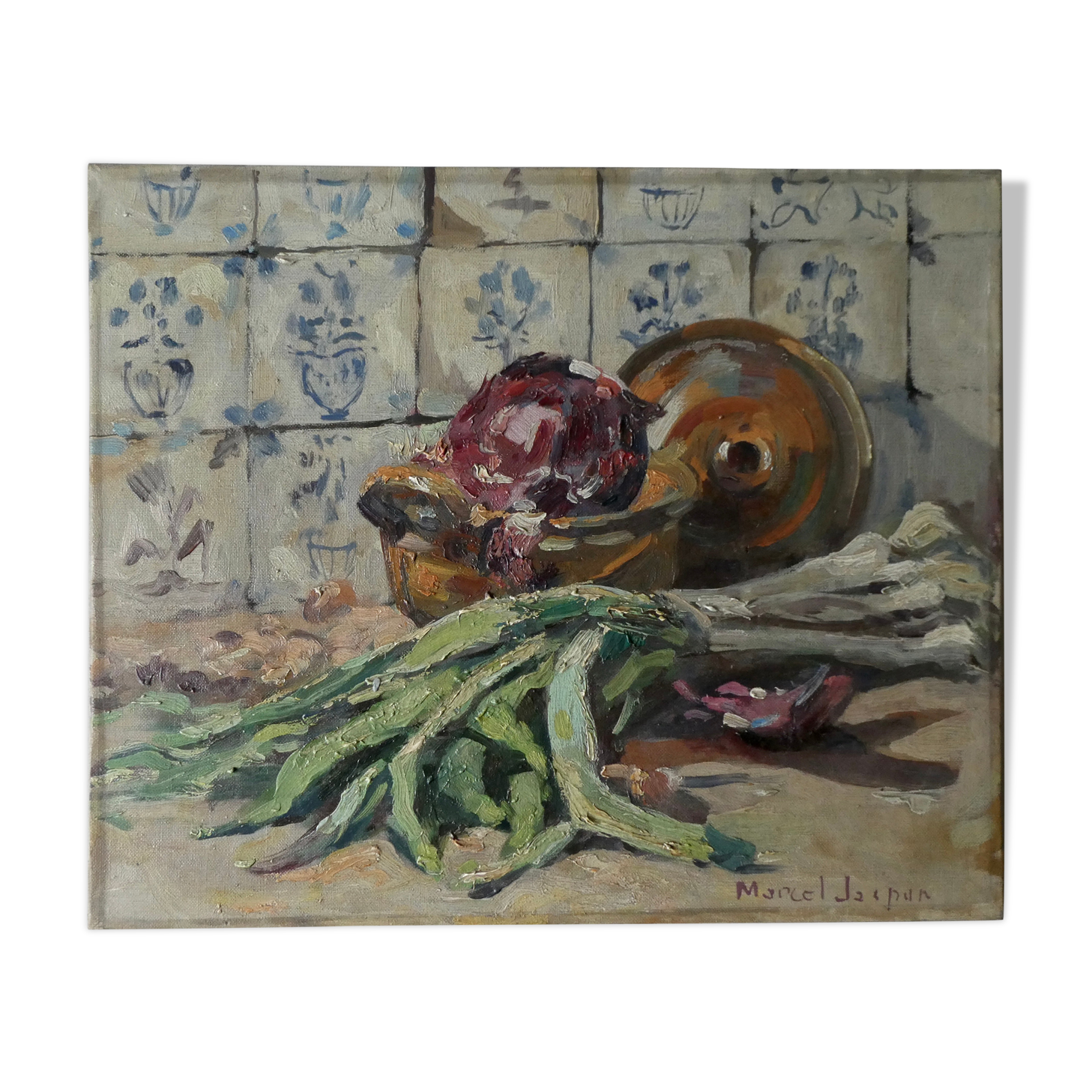 Oil on canvas, still life with leeks