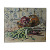 Huile sur toile, nature morte aux poireaux