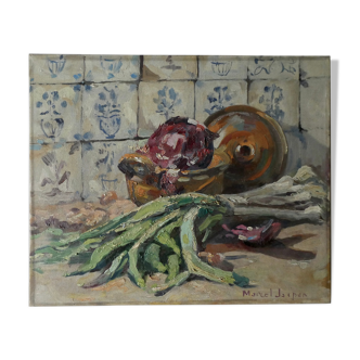 Huile sur toile, nature morte aux poireaux