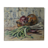 Huile sur toile, nature morte aux poireaux