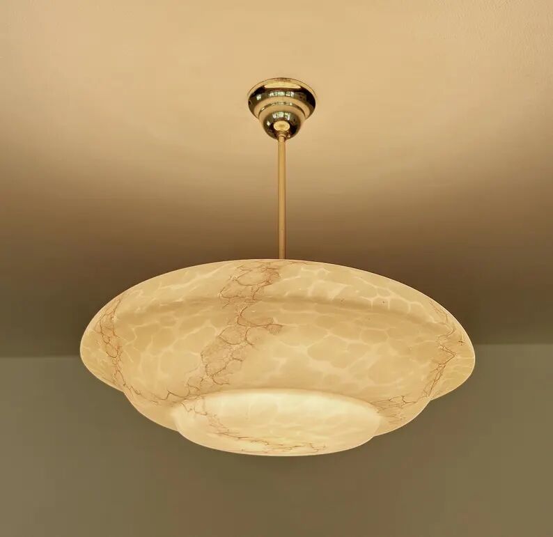 Art Deco Pendant Light, Marble Glass Amber Ivory, Alabaster Style, Vintage Chandelier