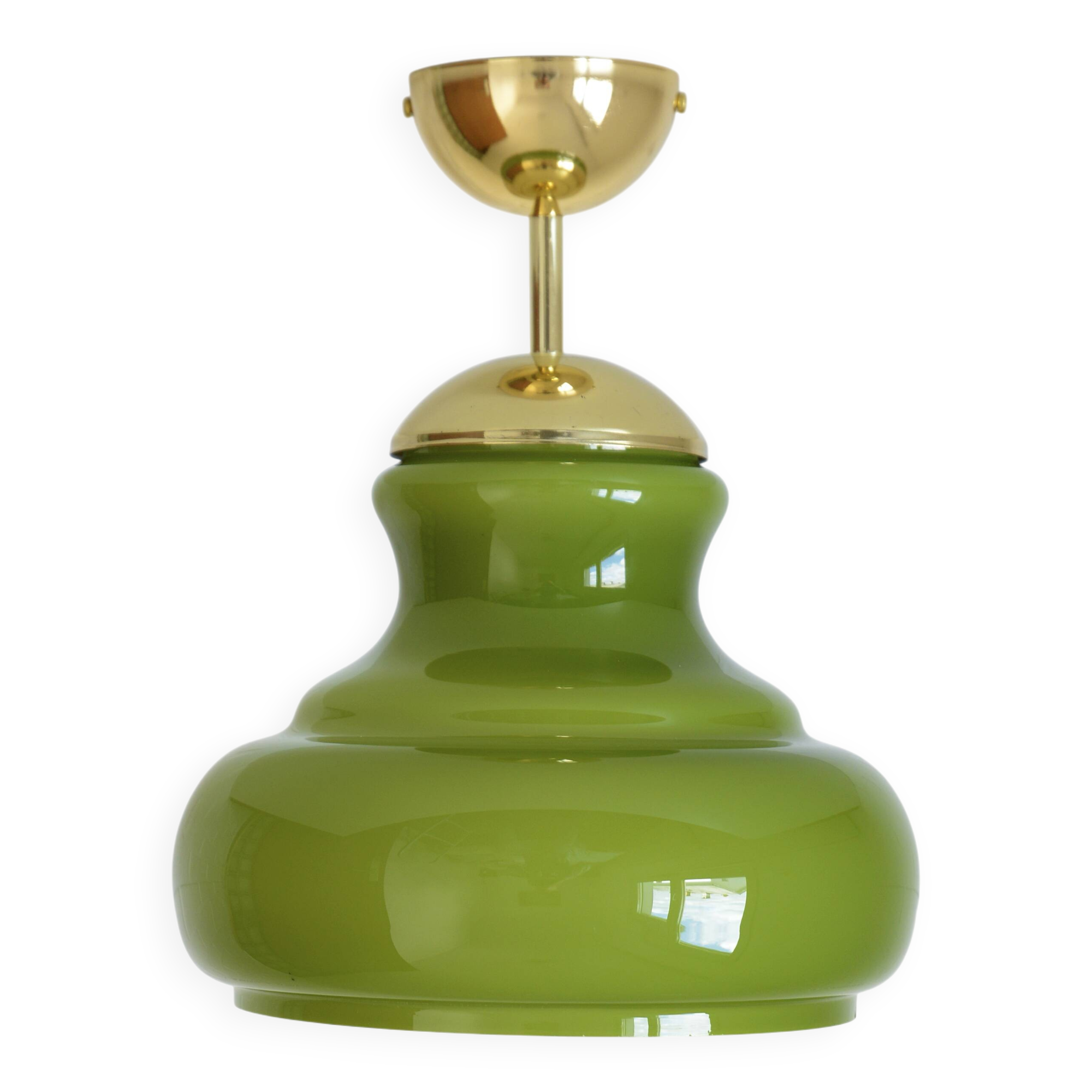 Vintage Avocado Green Glass Pendant Lamp / Yugoslavia 1970's