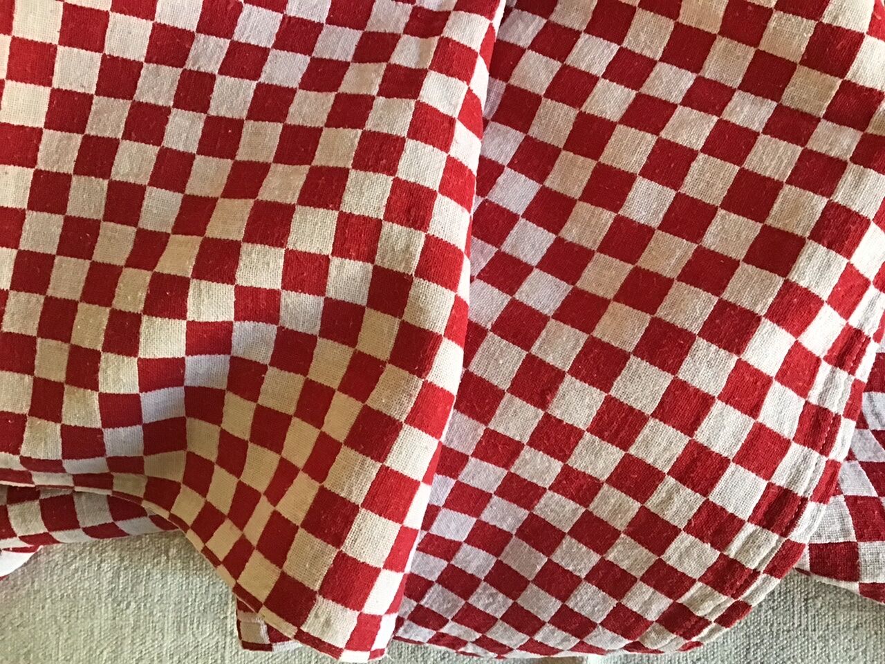 Long vintage red and white country tablecloth
