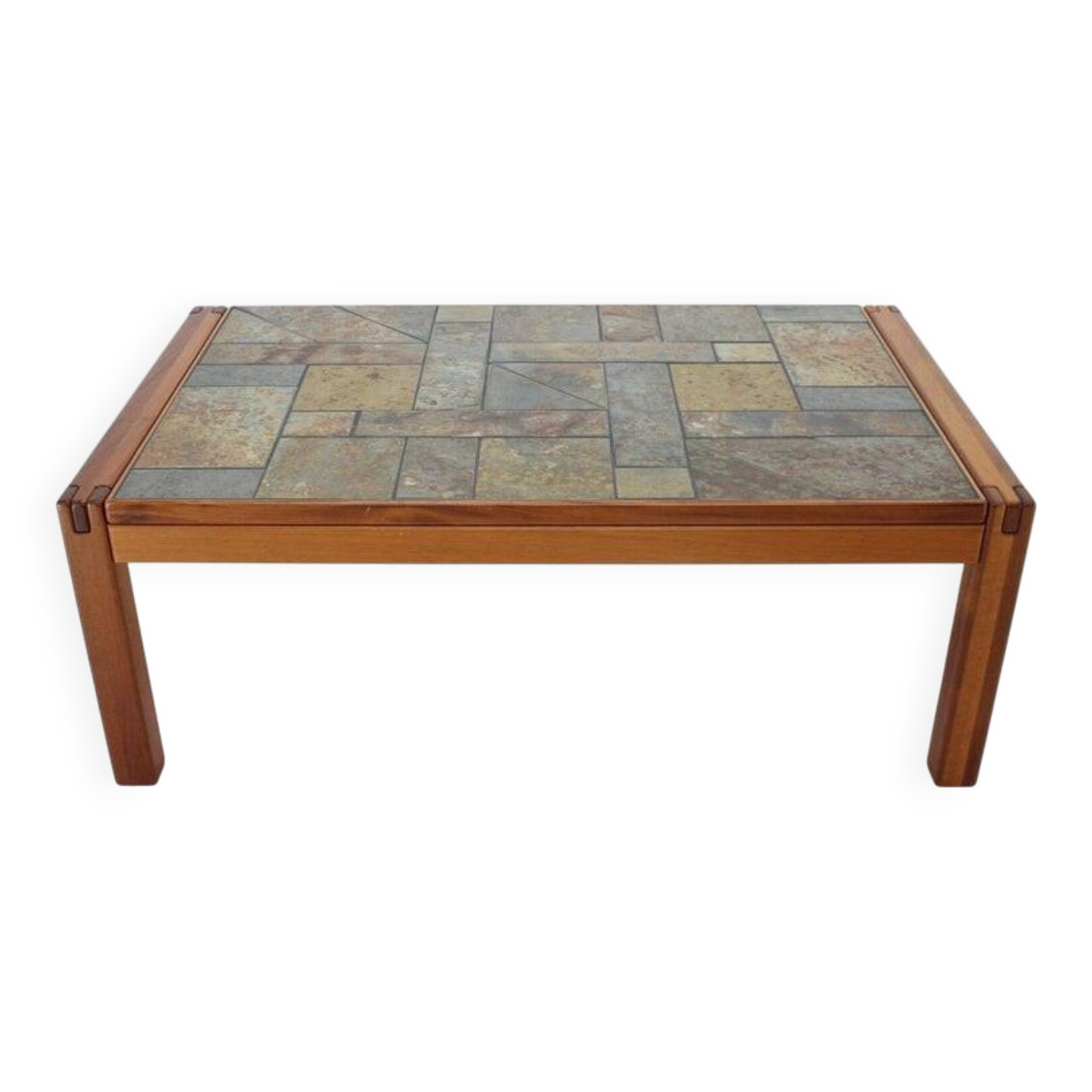 1970s Danish Modern Coffee Table in Solid Teak with Inset Slate Tile Top