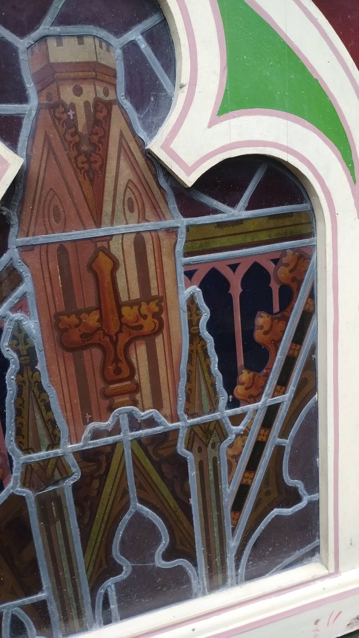 Large solid wood frame composed of 5 stained glass niches