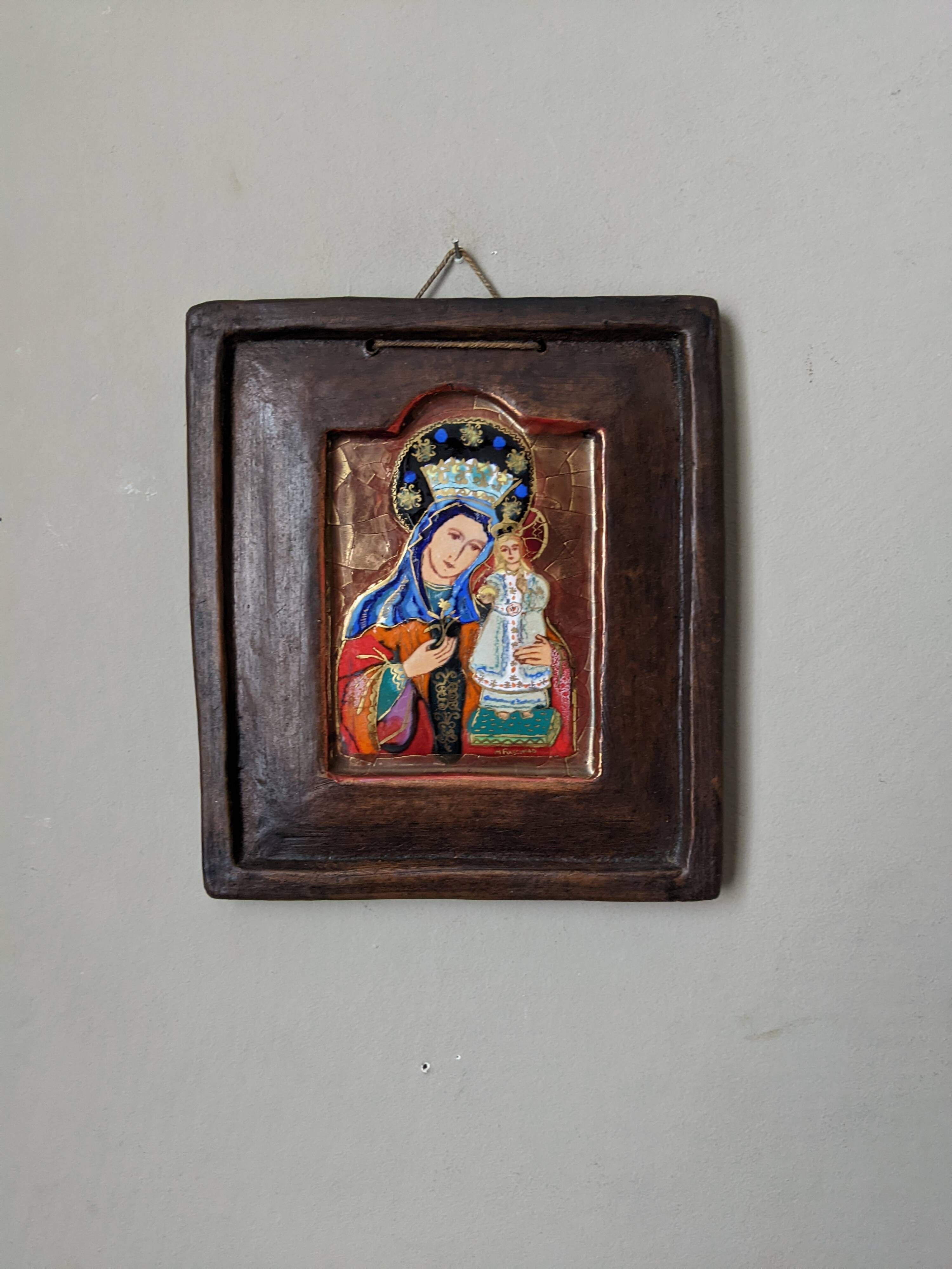 Glazed ceramic plaque of the Virgin and Child