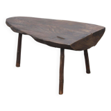 Brutalist tripod coffee table in stained pine, France 1950s
