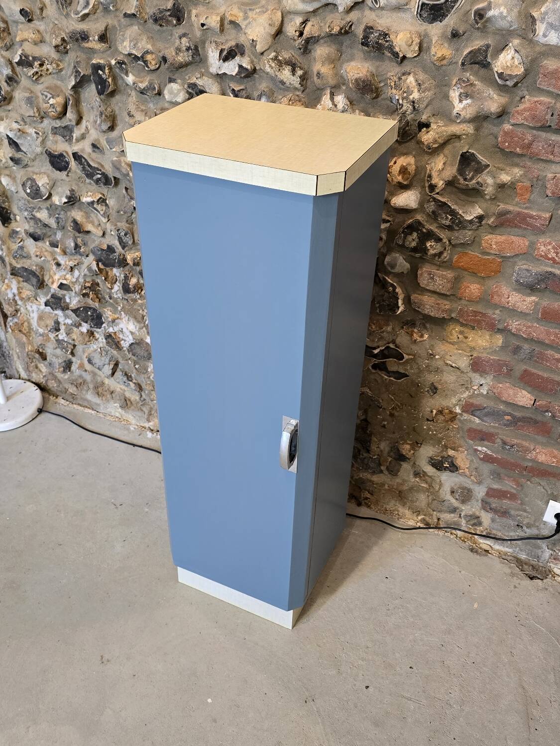 Small Mado 1960 kitchen column unit in yellow formica restyled in blue