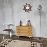Commode vintage chêne clair pieds compas 1960