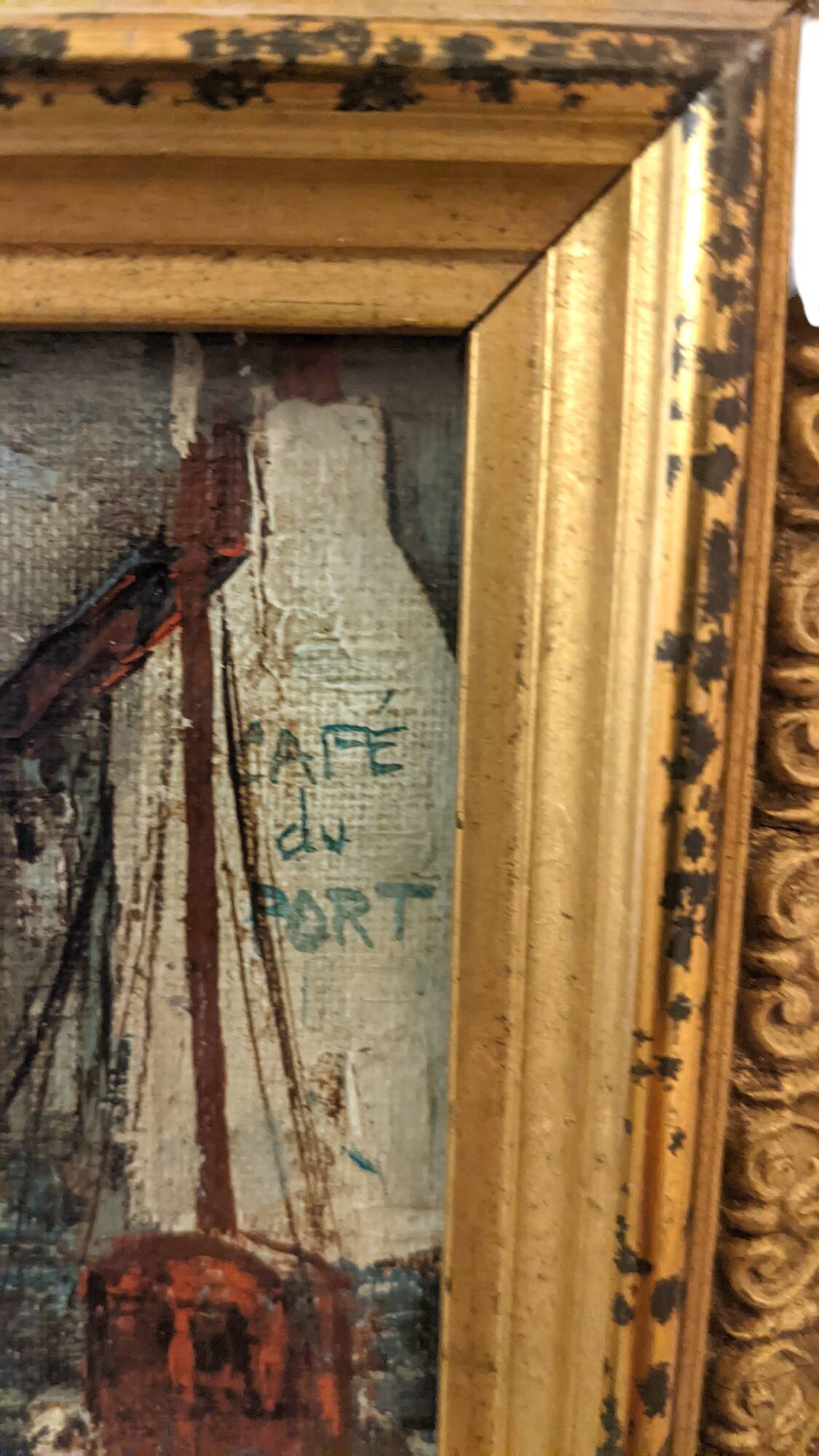 small marine oil painting boats blue red tones Jp Rousseau certificate gold frame