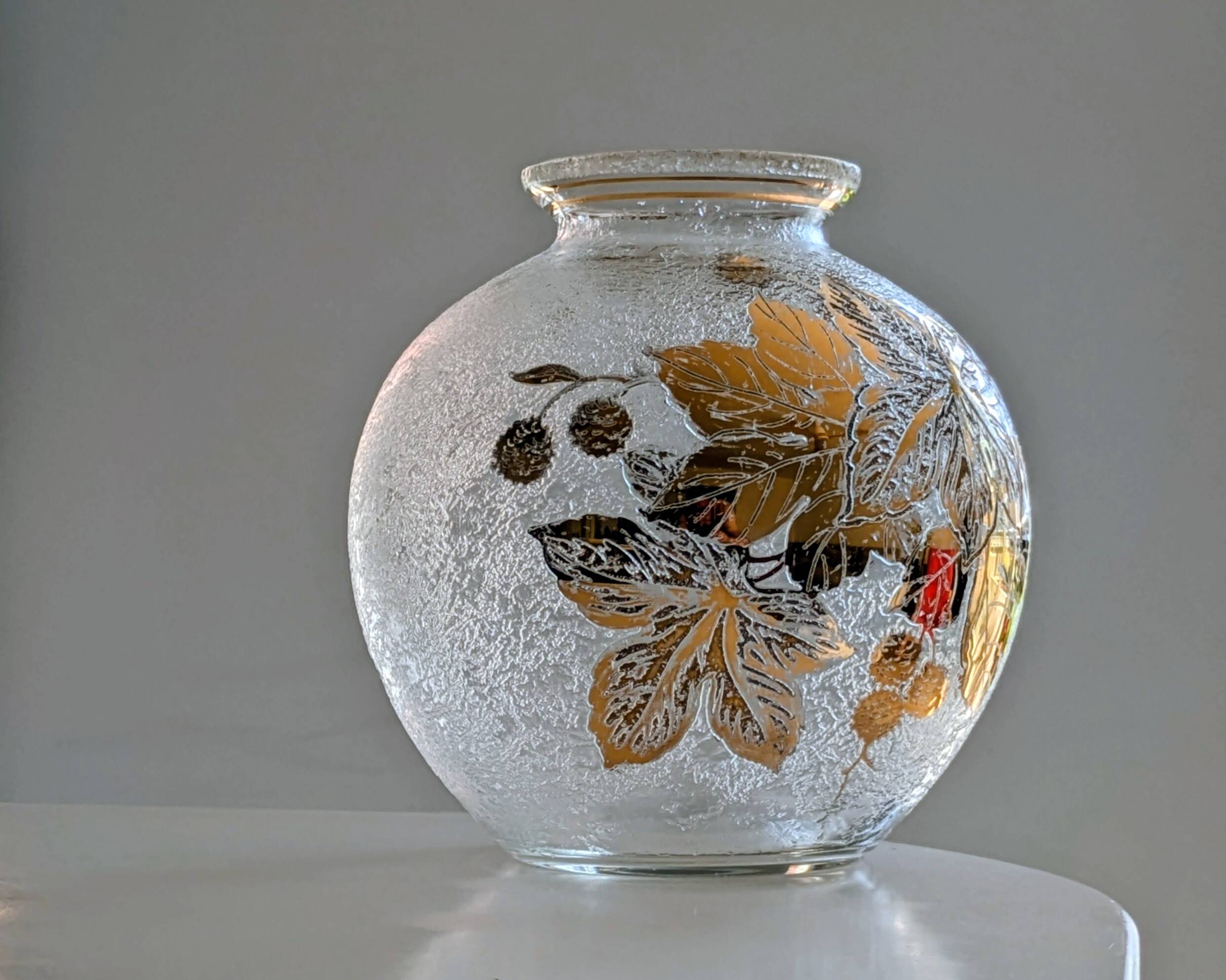 Frosted Glass Ball Vase with Golden Botanical Decoration — Signed Adat — Circa 1950