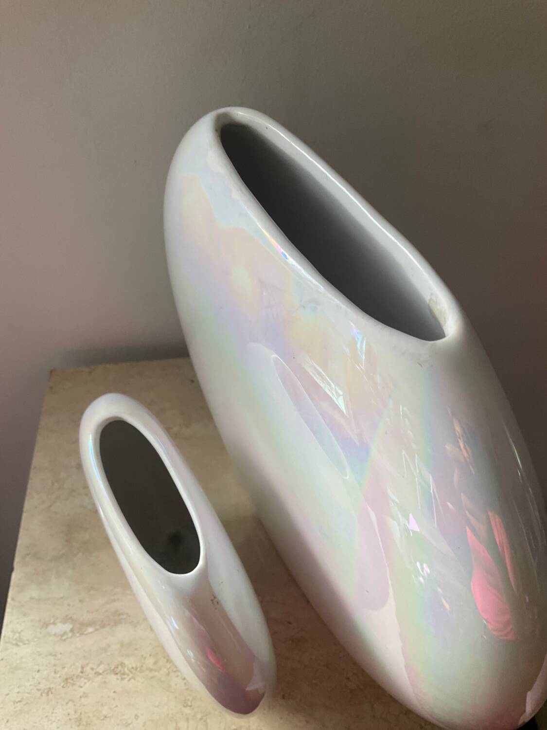 Duo of vintage round vases in iridescent ceramic