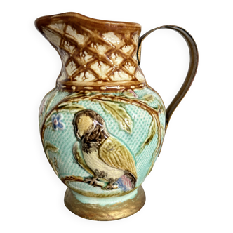 Pichet barbotine 19th century with bird decoration.