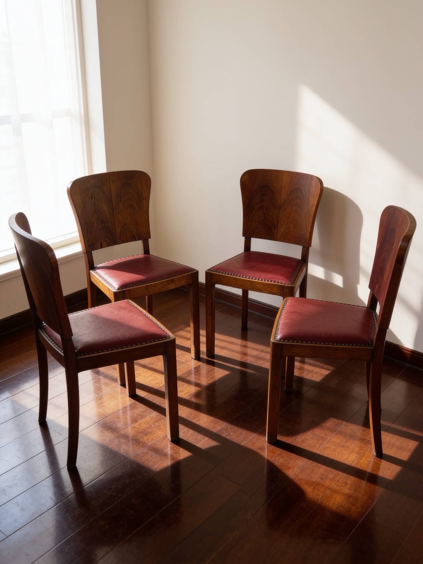 Set of 4 Art Deco dining chairs in walnut, Italy, 1930s-1940s.