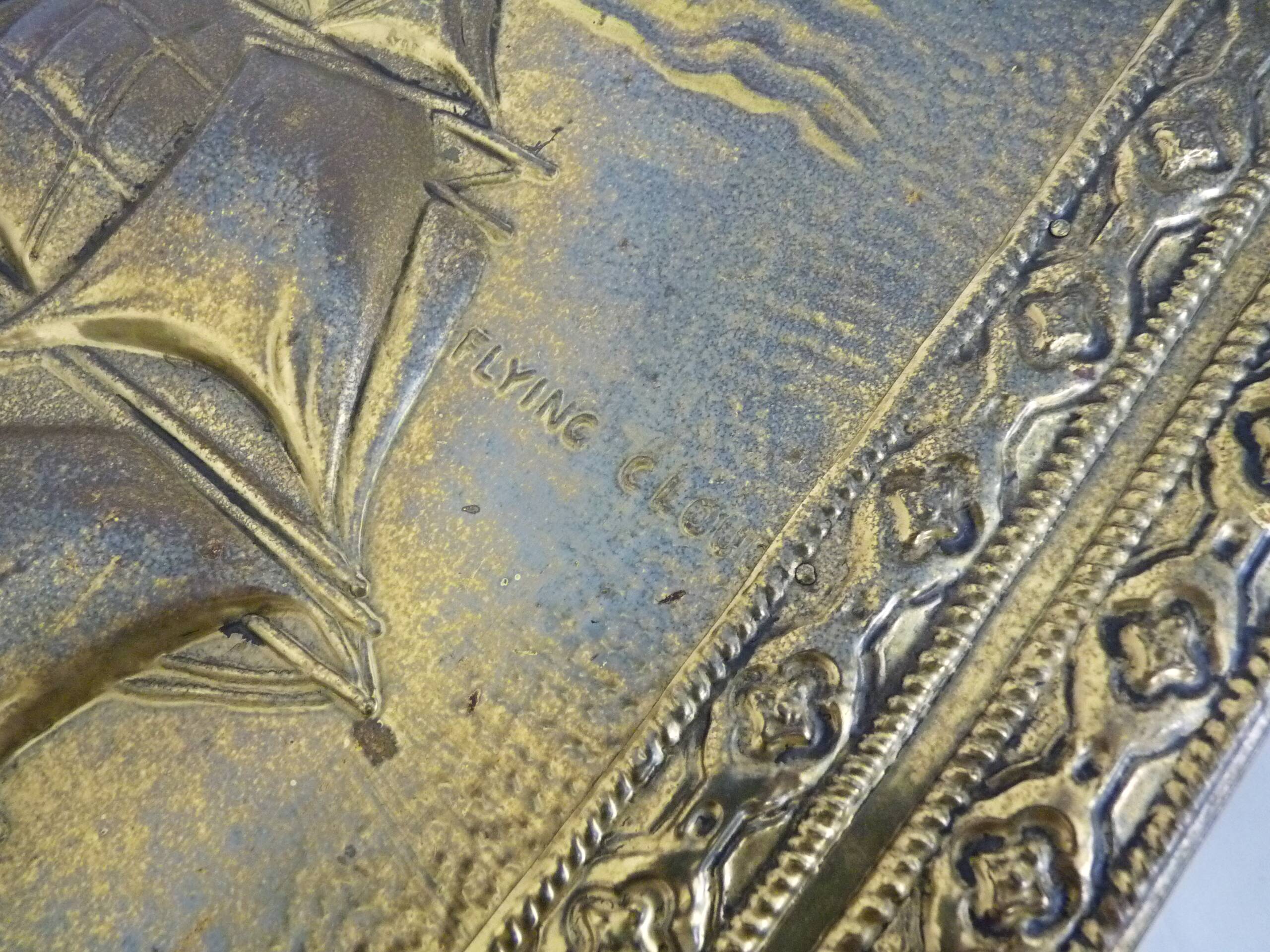 Fireplace screen in repoussé brass with a sailing boat. 1960s.