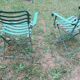 Pair of mid century distressed painted iron garden chairs