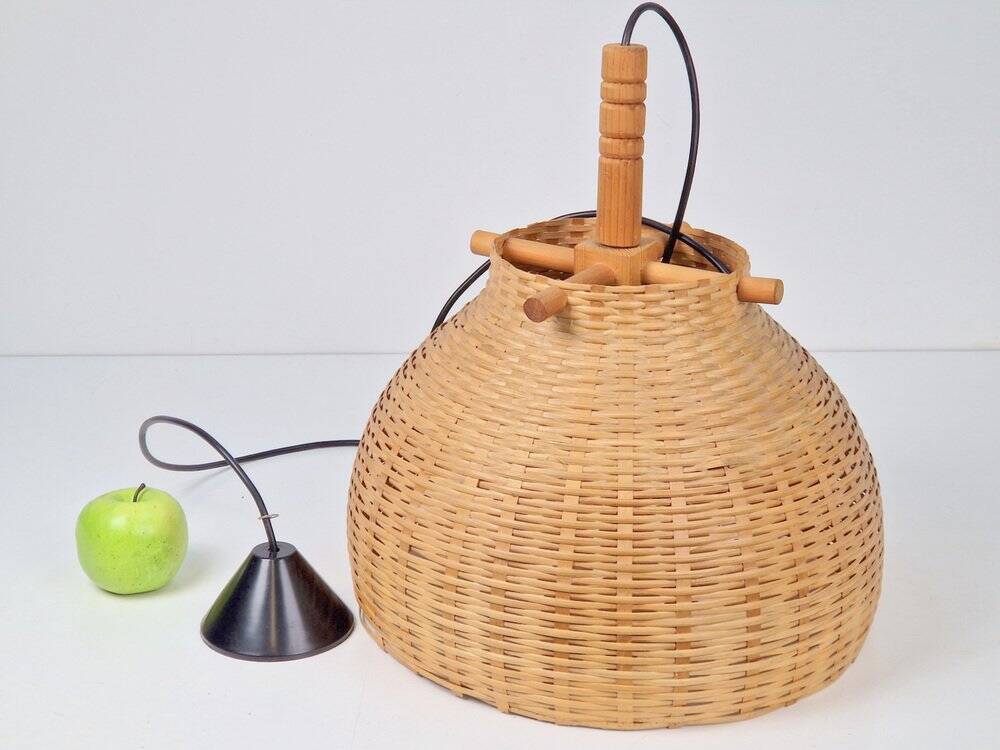 Scandinavian Wicker Rattan and Pine Pendant Lamp, 1960s