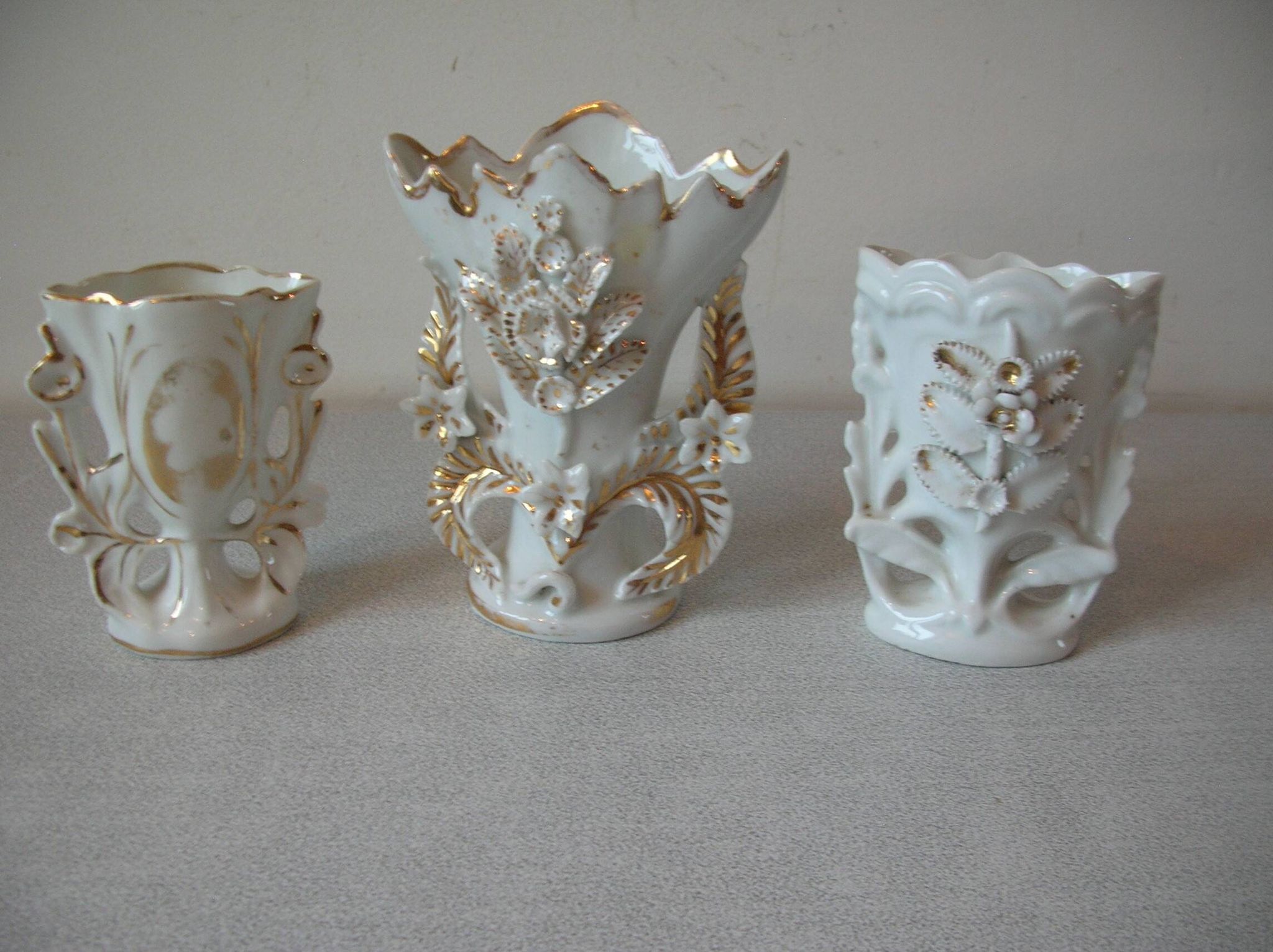 Set of 3 old small wedding communion baptism vases in white gold porcelain