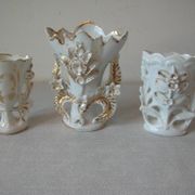 Set of 3 old small wedding communion baptism vases in white gold porcelain