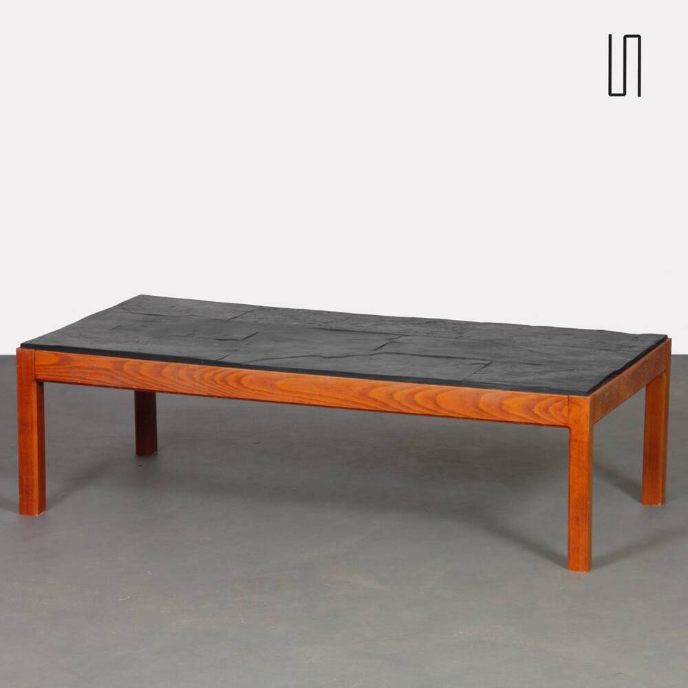 Table basse vintage en bois et ardoise, 1970
