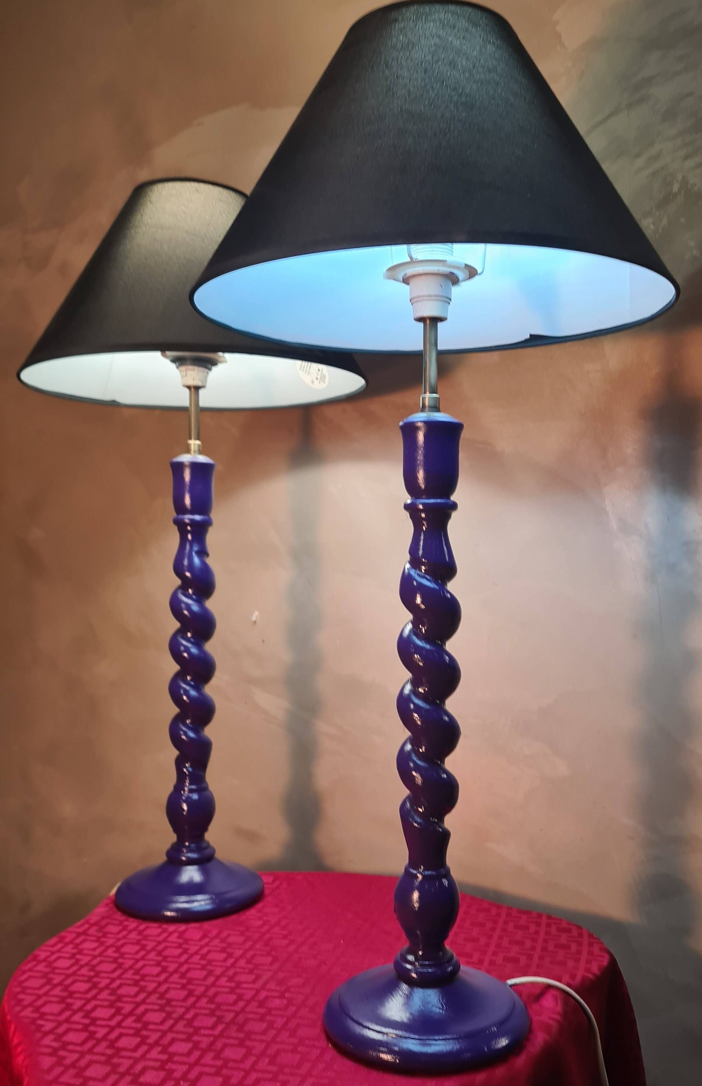 pair of twisted wooden lamps purple electric check 62x30