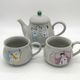 Teapot and two ceramic cups Korea vintage Pierrot Colombine