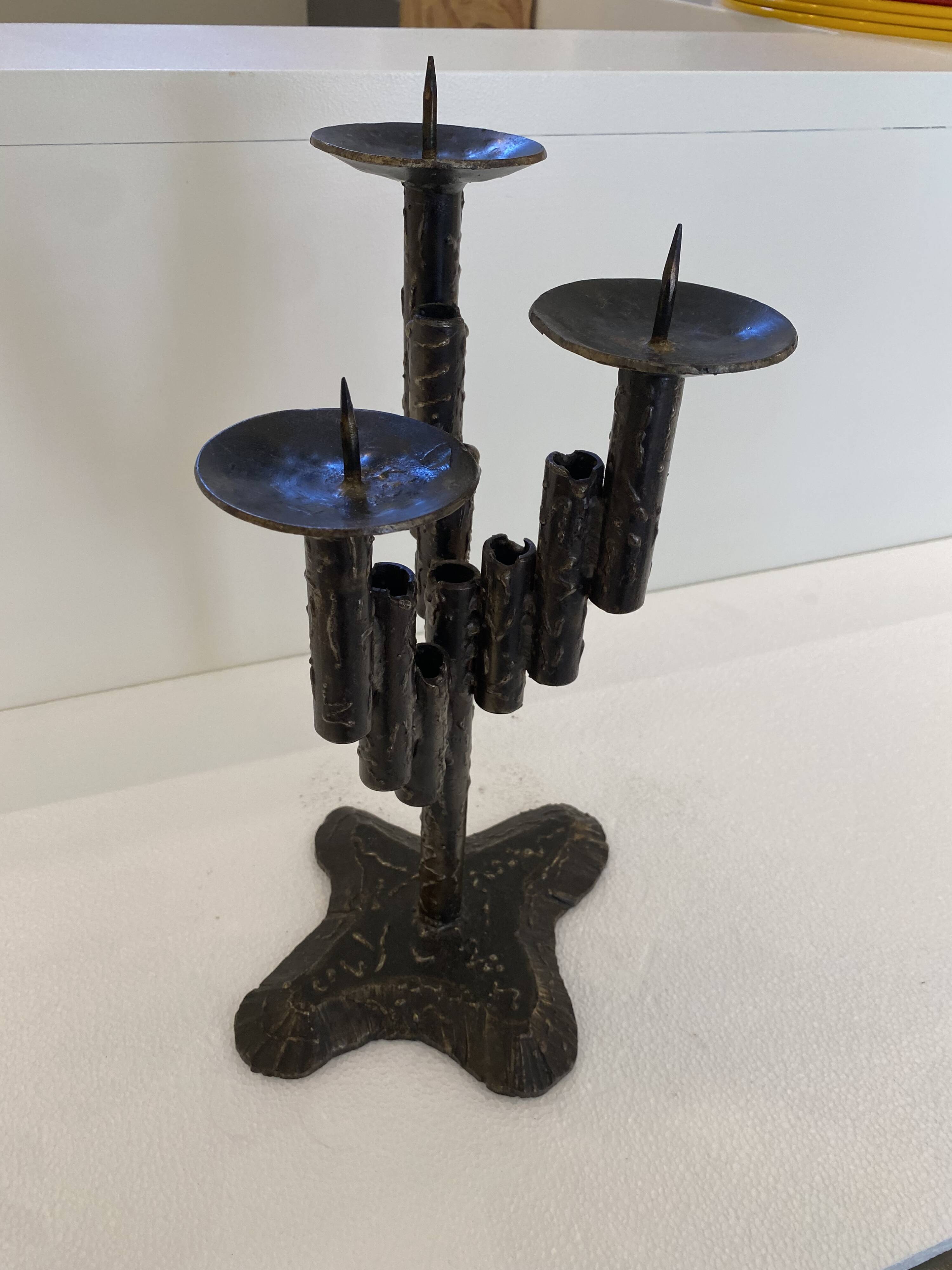 Brutalist Iron Textured Hand Forged Candleholder, Mid-century Modern, 1960s