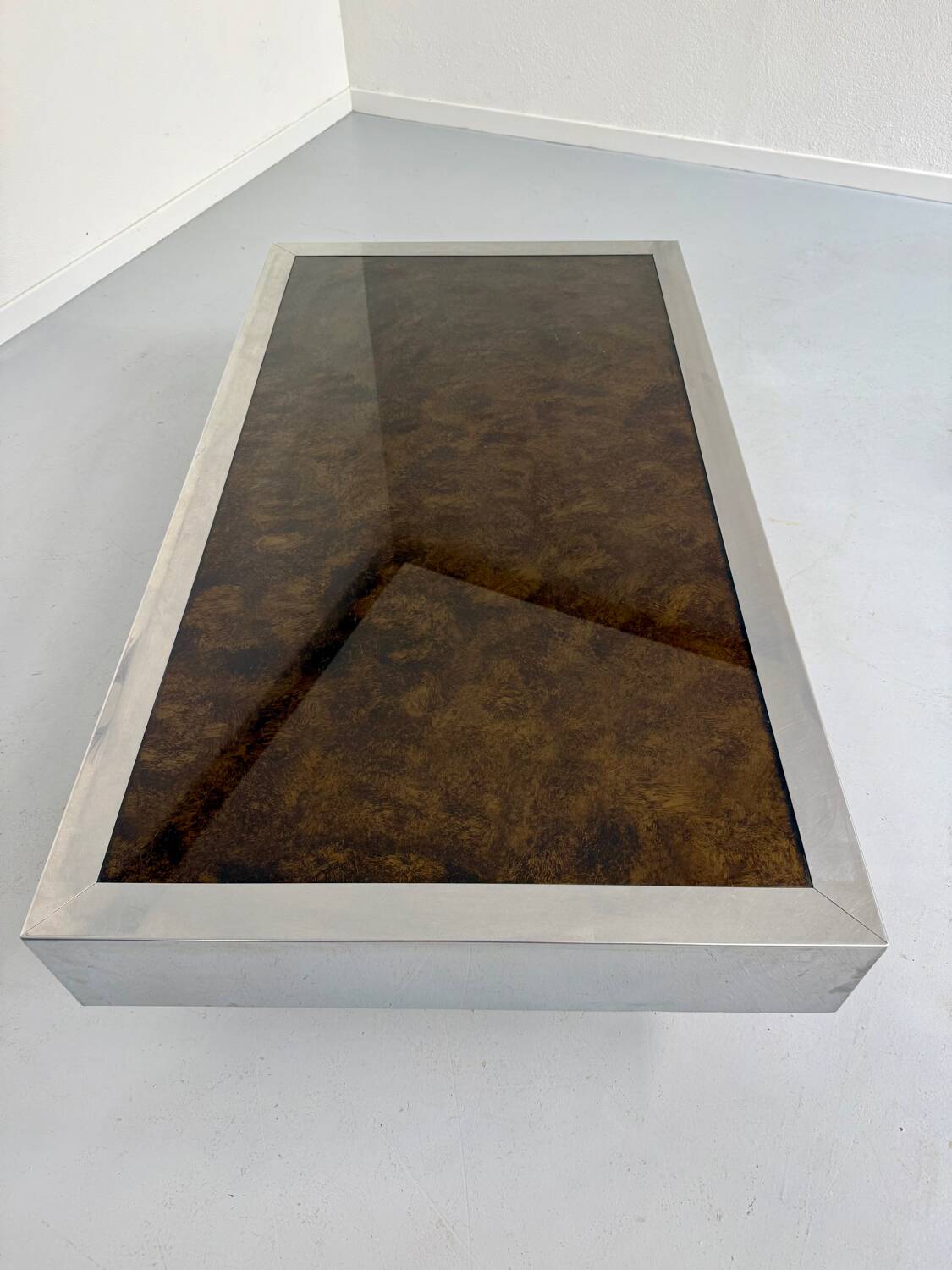 Italian coffee table in chromed metal and vintage brown glass top 70s