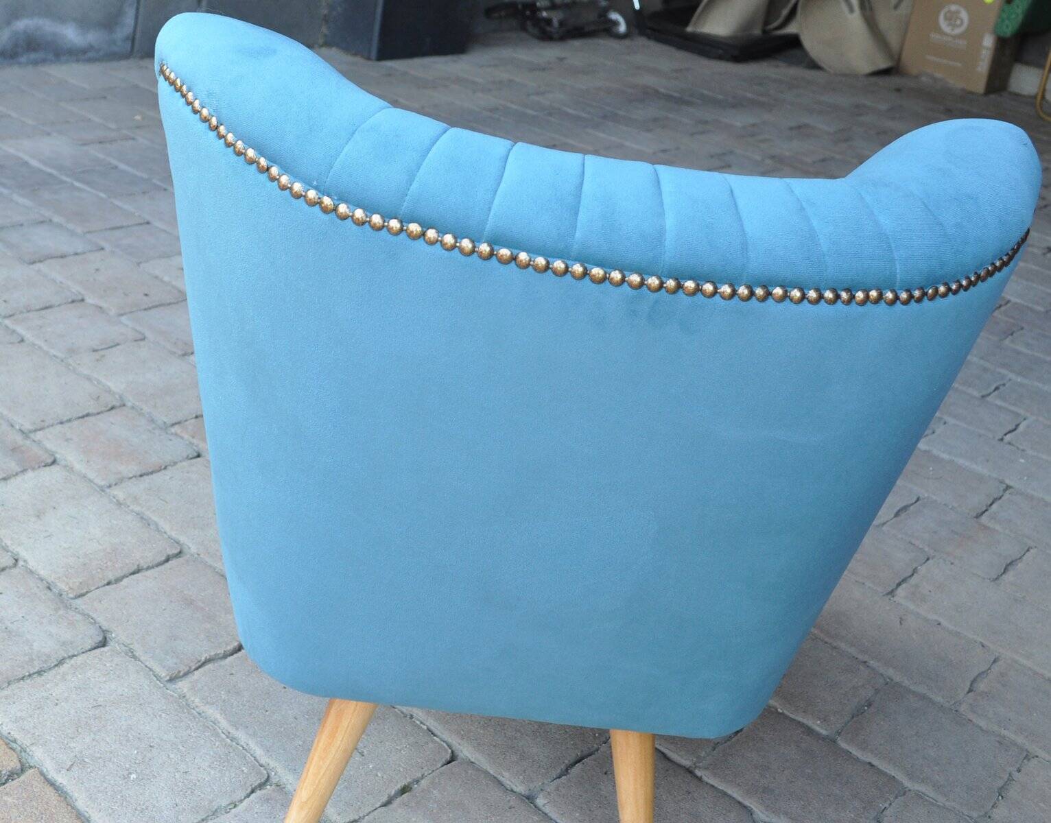 Blue cocktail armchair in beech wood, velvet fabric, Mid-Century design from the 1960s.