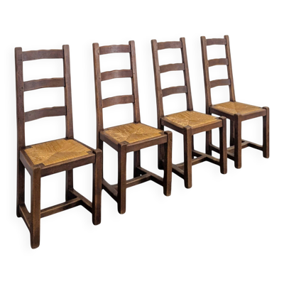 Série de 4 chaises rustiques en chêne assises paillées