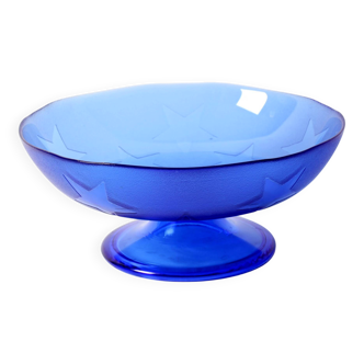 Blue Pressed Glass Pedestal Bowl with Stars Pattern / Italy / 2000s