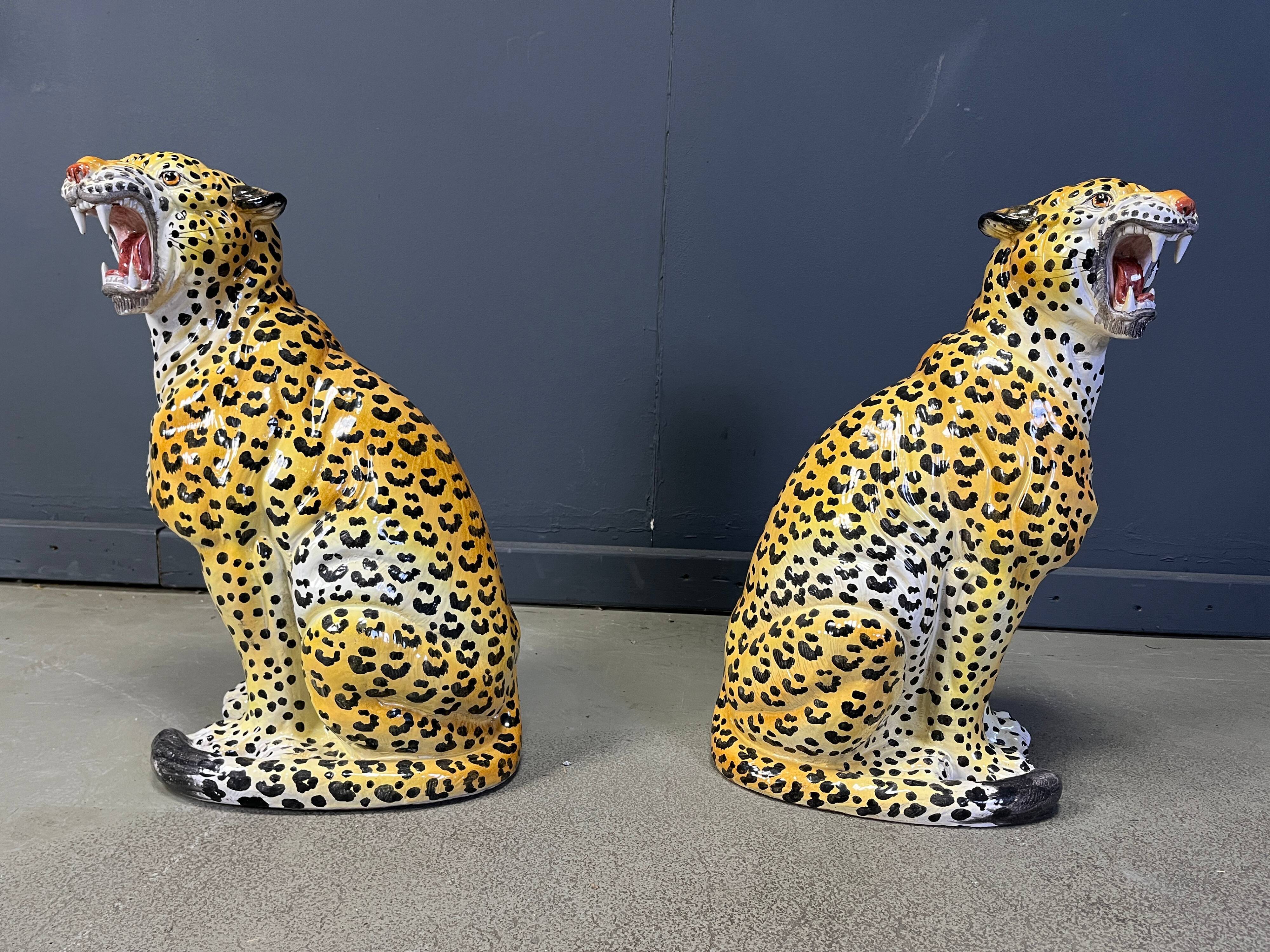 Pair of glazed terracotta leopard figures, Italian, 1960s.