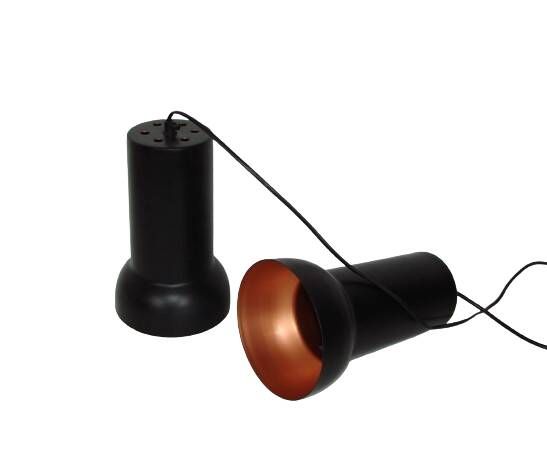 A pair of vintage pendant lights – black brass, modernist