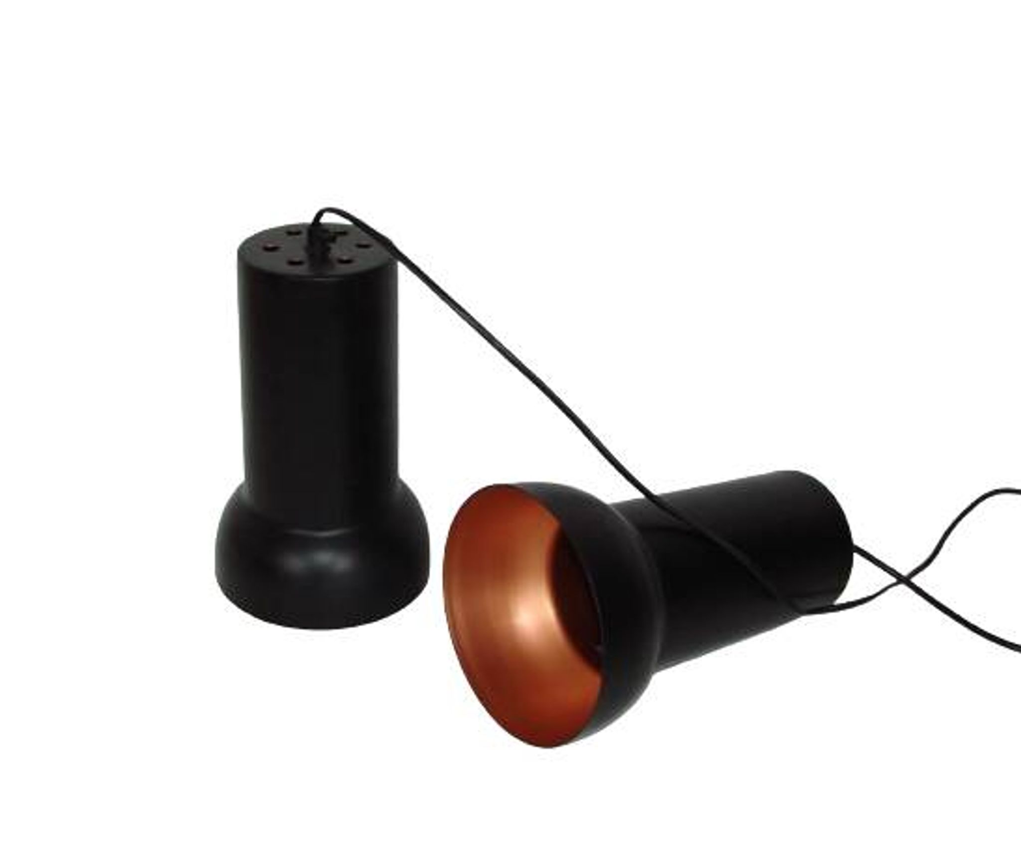 A pair of vintage pendant lights – black brass, modernist