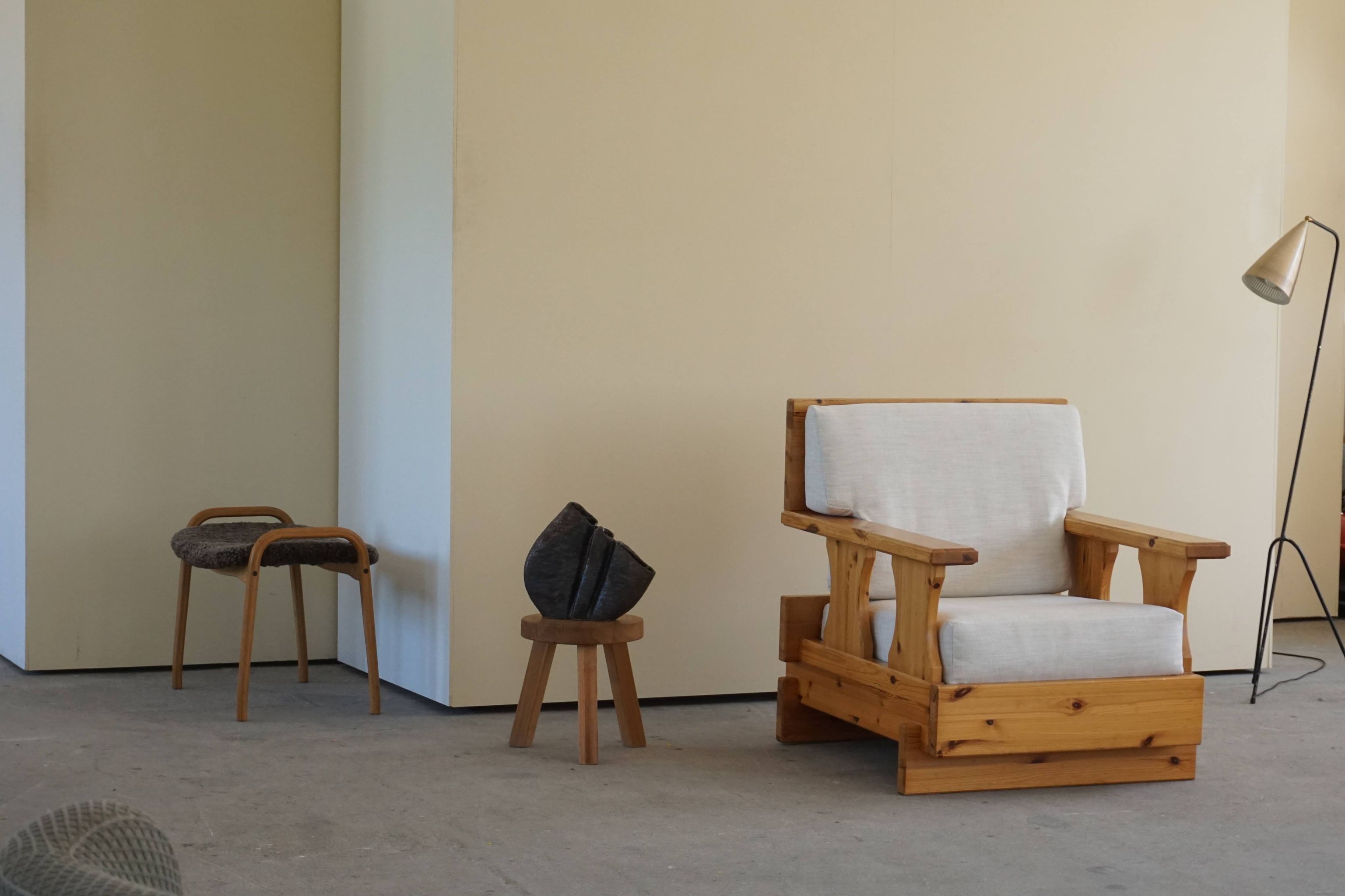 Mid century brutalist solid pine lounge chair with new upholstery, sweden, 1970s