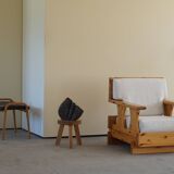 Mid century brutalist solid pine lounge chair with new upholstery, sweden, 1970s