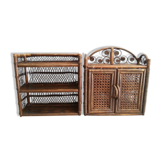 Set 2 shelves rattan bamboo vintage