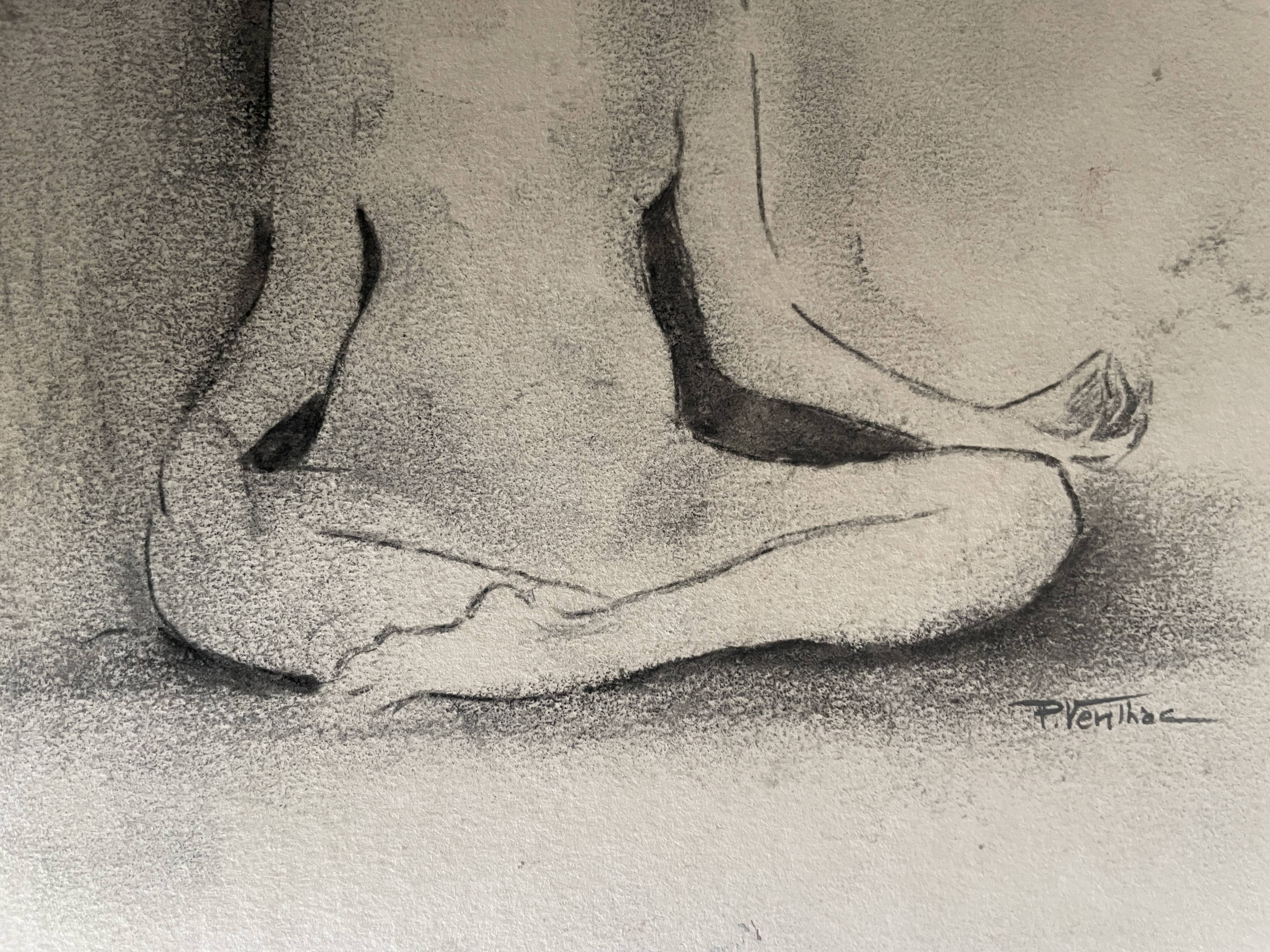 Painting signed charcoal woman buddha zen attitude