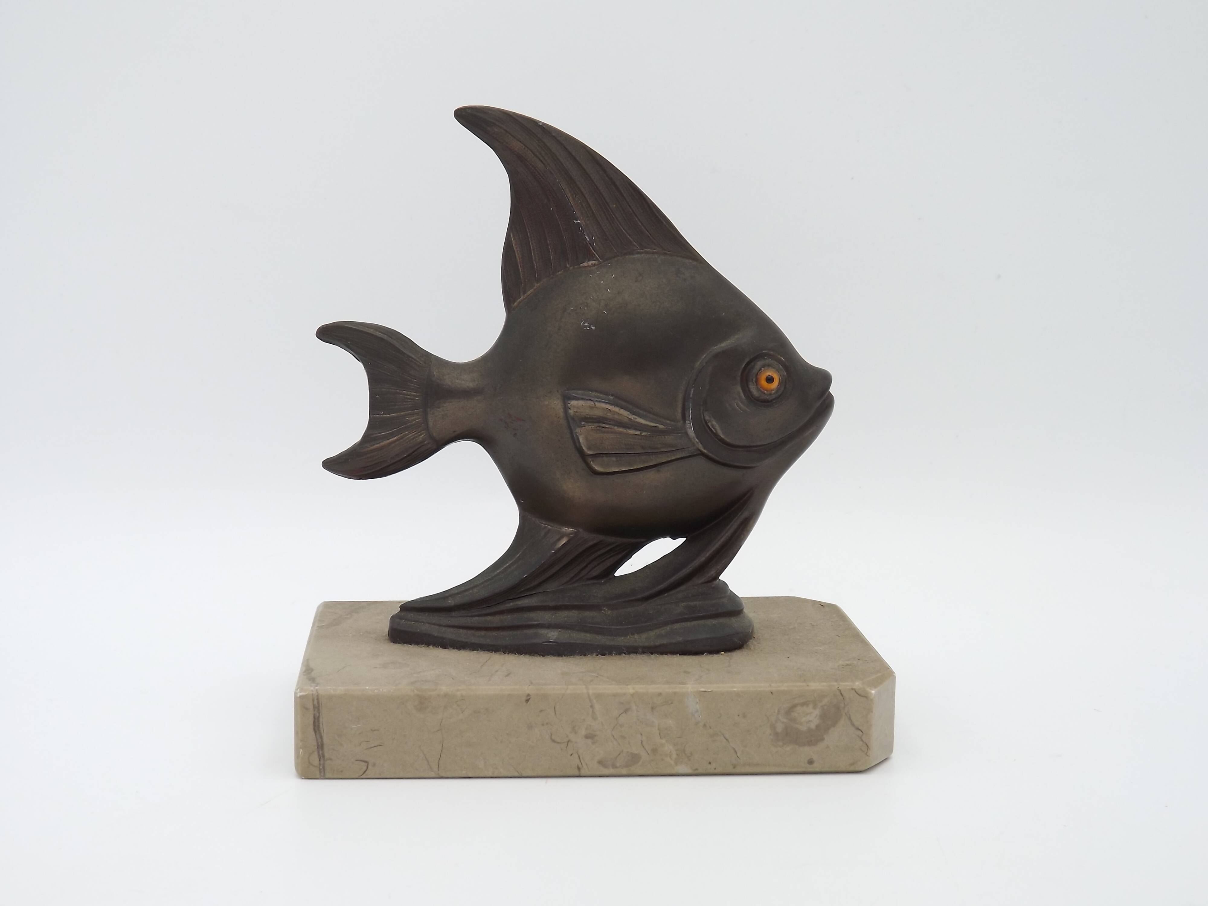 Vintage French Art Deco Fish Book Ends - Marble and Spelter Bookends