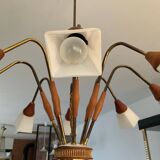 Scandinavian chandelier from the 60s in teak and opaline