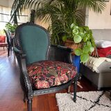 Louis XVI armchair with caning and dark green velvet